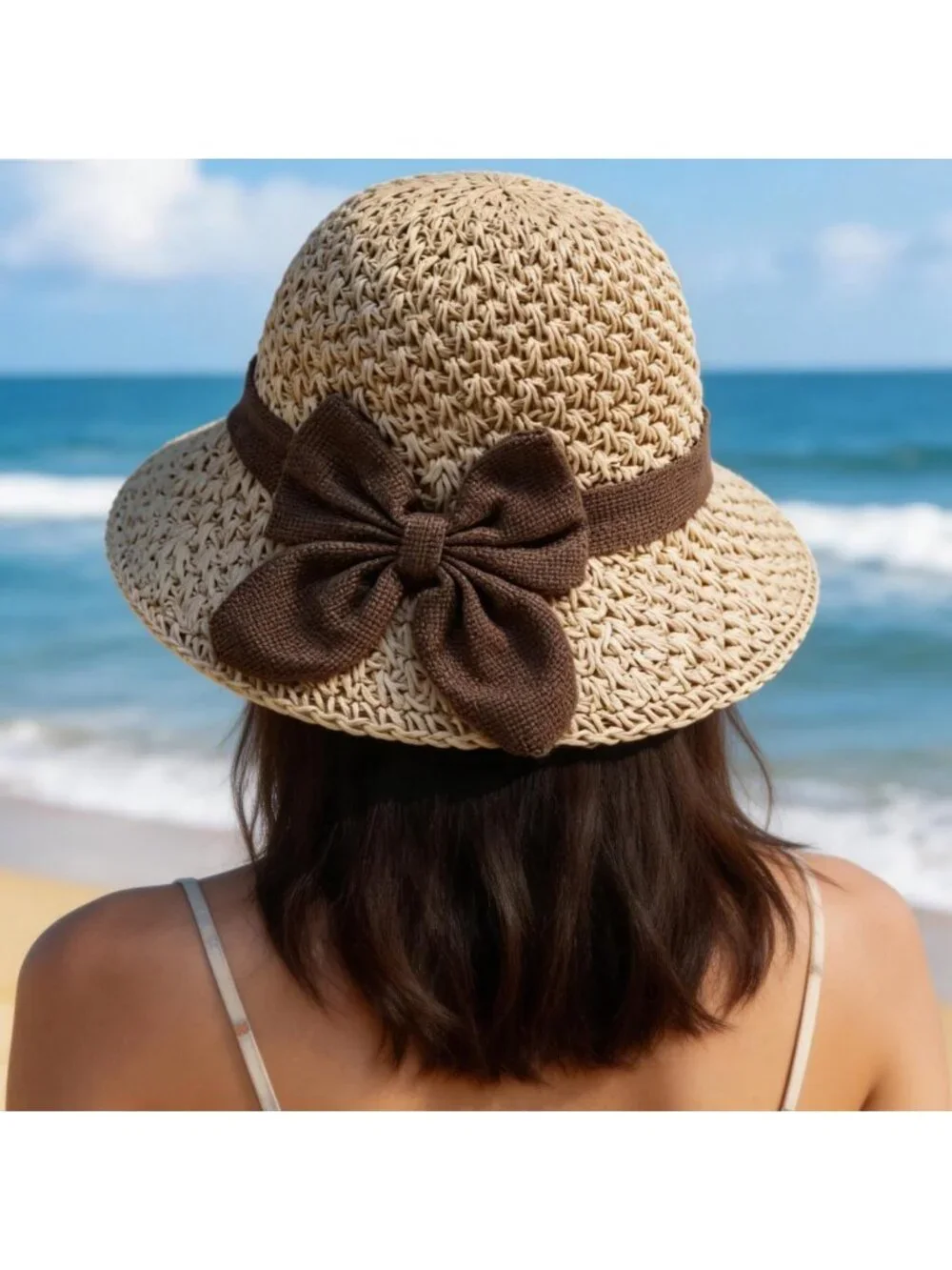 Chic Retro Woven Straw Hat with Ruffled Bow - Foldable, Breathable Sun